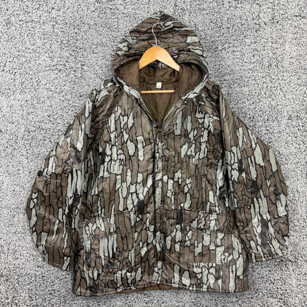 Vintage Trebark Hunting Jacket Mens Large Camo Hooded PVC Nylon Insulated Rain
